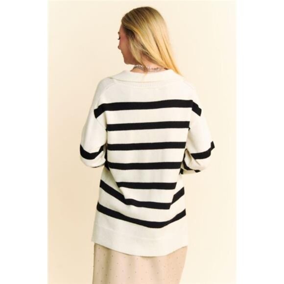 NWT Davi & Dani Striped Loose Fit Collared Long Sleeve Sweater, Hi Lo Hem, White - Picture 2 of 5